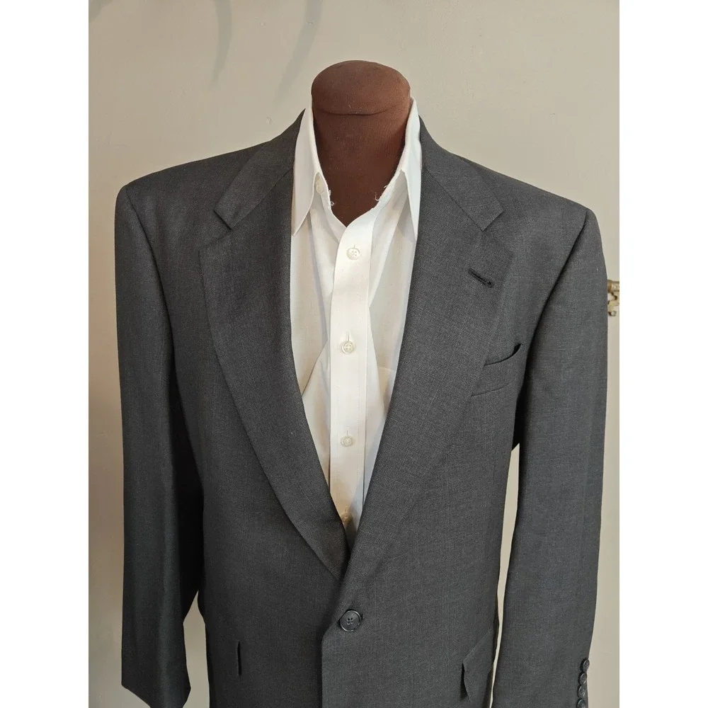 Hart Schaffner Marx Mens Wool Sports Coat 42L Gray Blue Plaid Gold Trumpeter USA